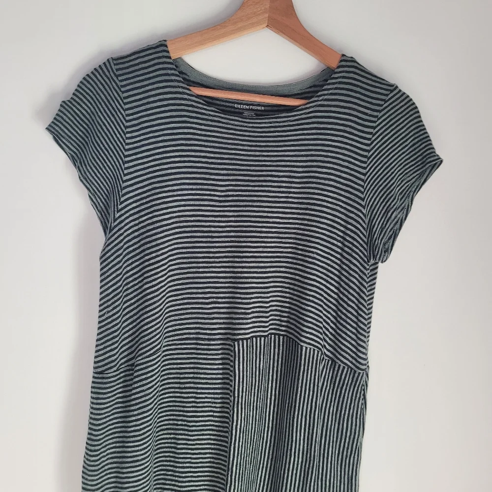 Eileen Fisher Organic Linen Jersey Stripe Dress Black And Green  Women's Small - Picture 3 of 9